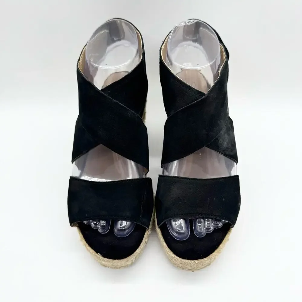 Soul Naturalizer Oshay Black Leather Espadrille Strappy Wedge Heel Sandal Size 6